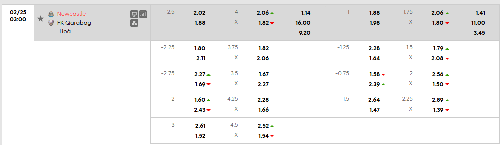 Tỷ lệ kèo Newcastle vs Qarabag